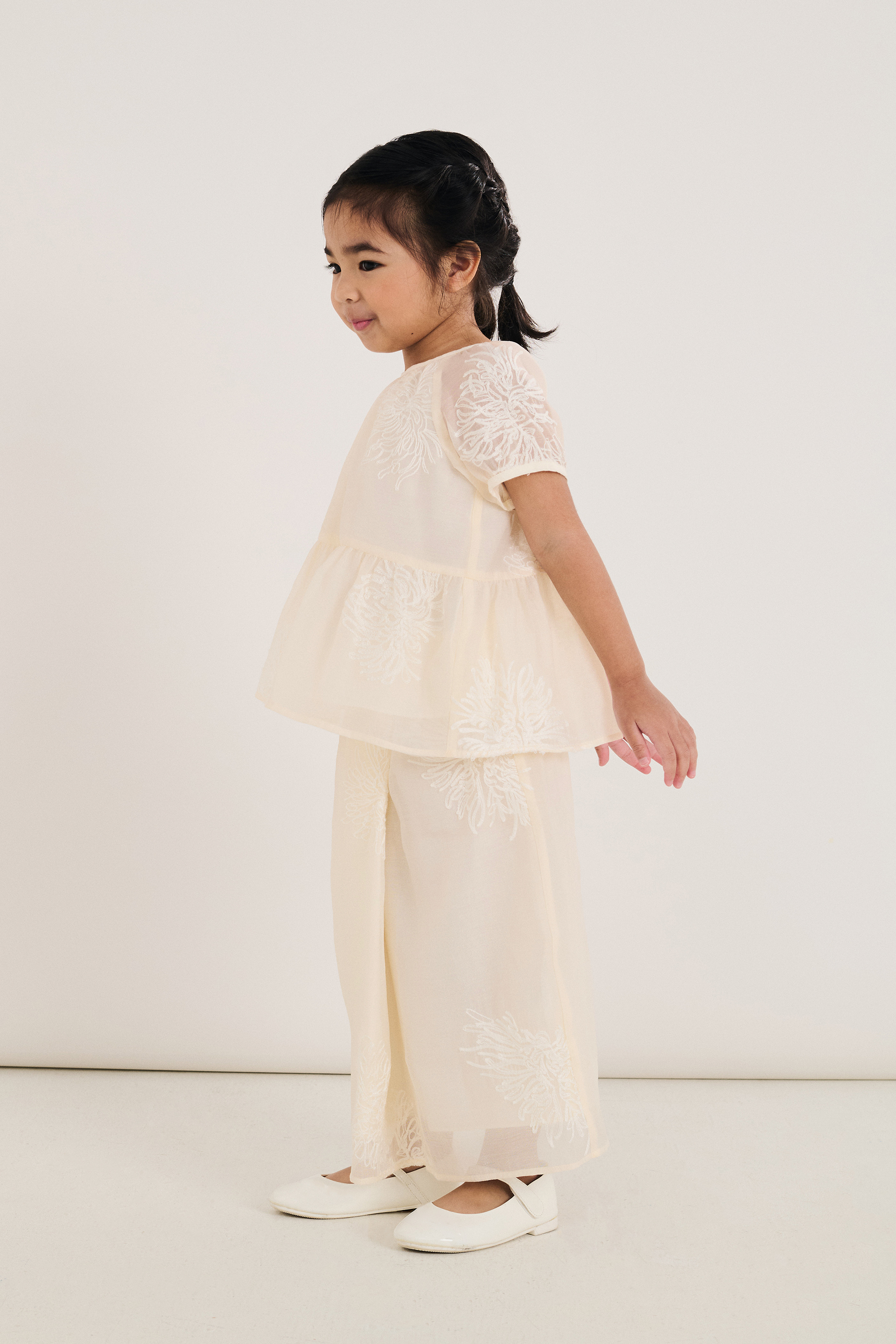 Embroidered Texture Bubble-Sleeve Top