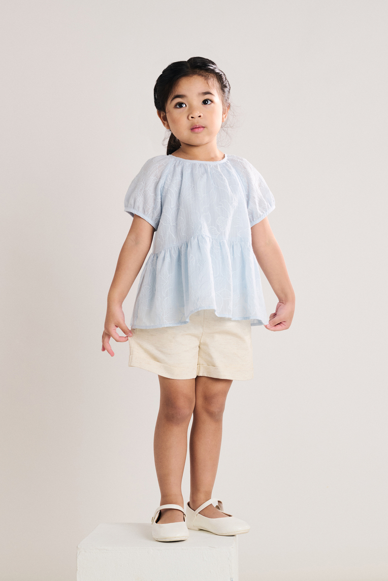 Embroidered Texture Bubble-Sleeve Top