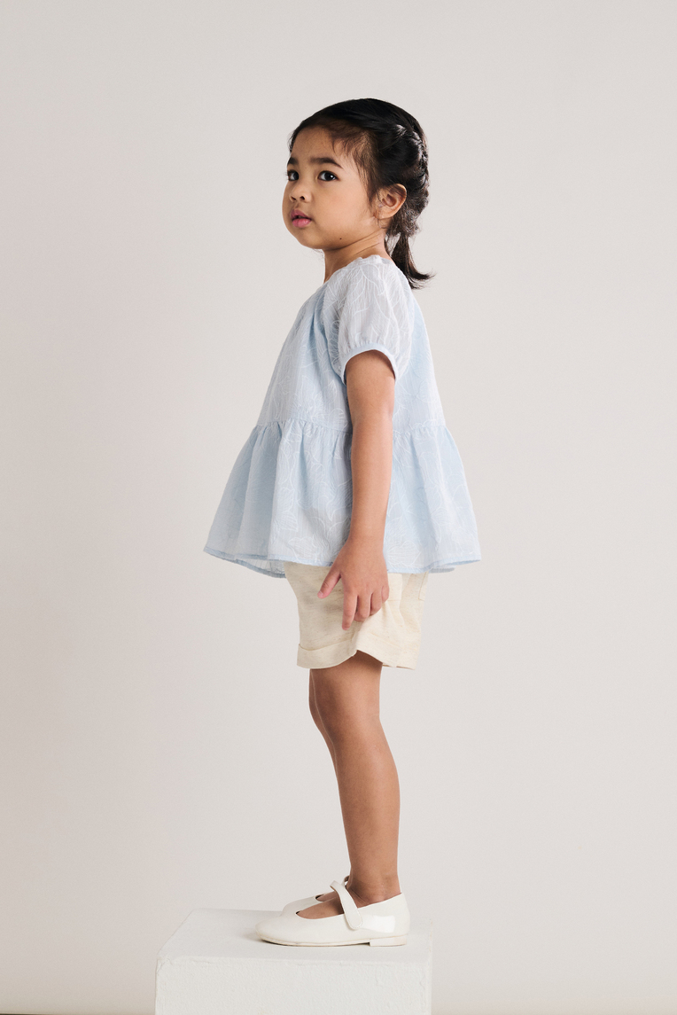 Embroidered Texture Bubble-Sleeve Top