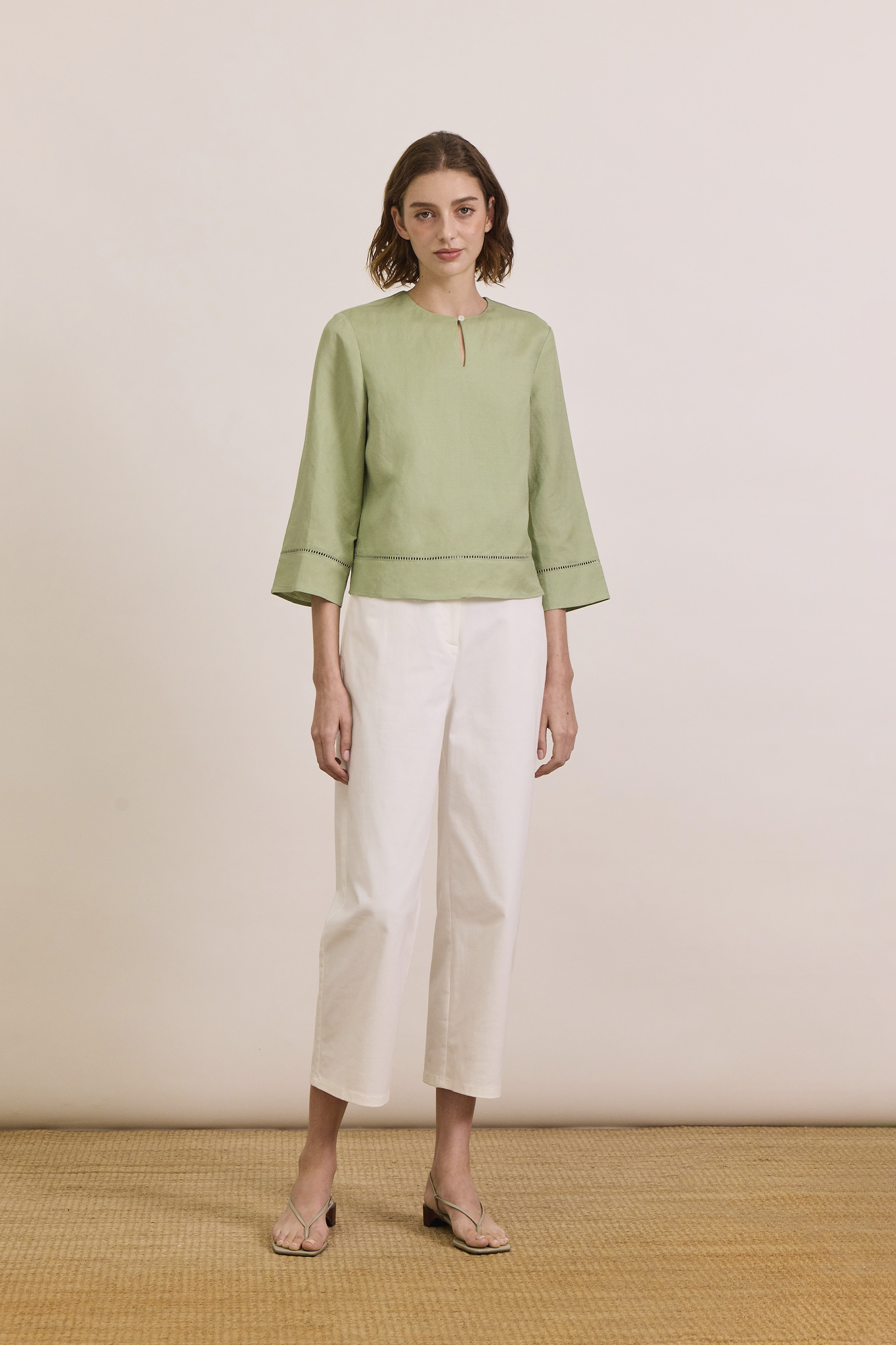 Linen-Blend Lace-Trim Top
