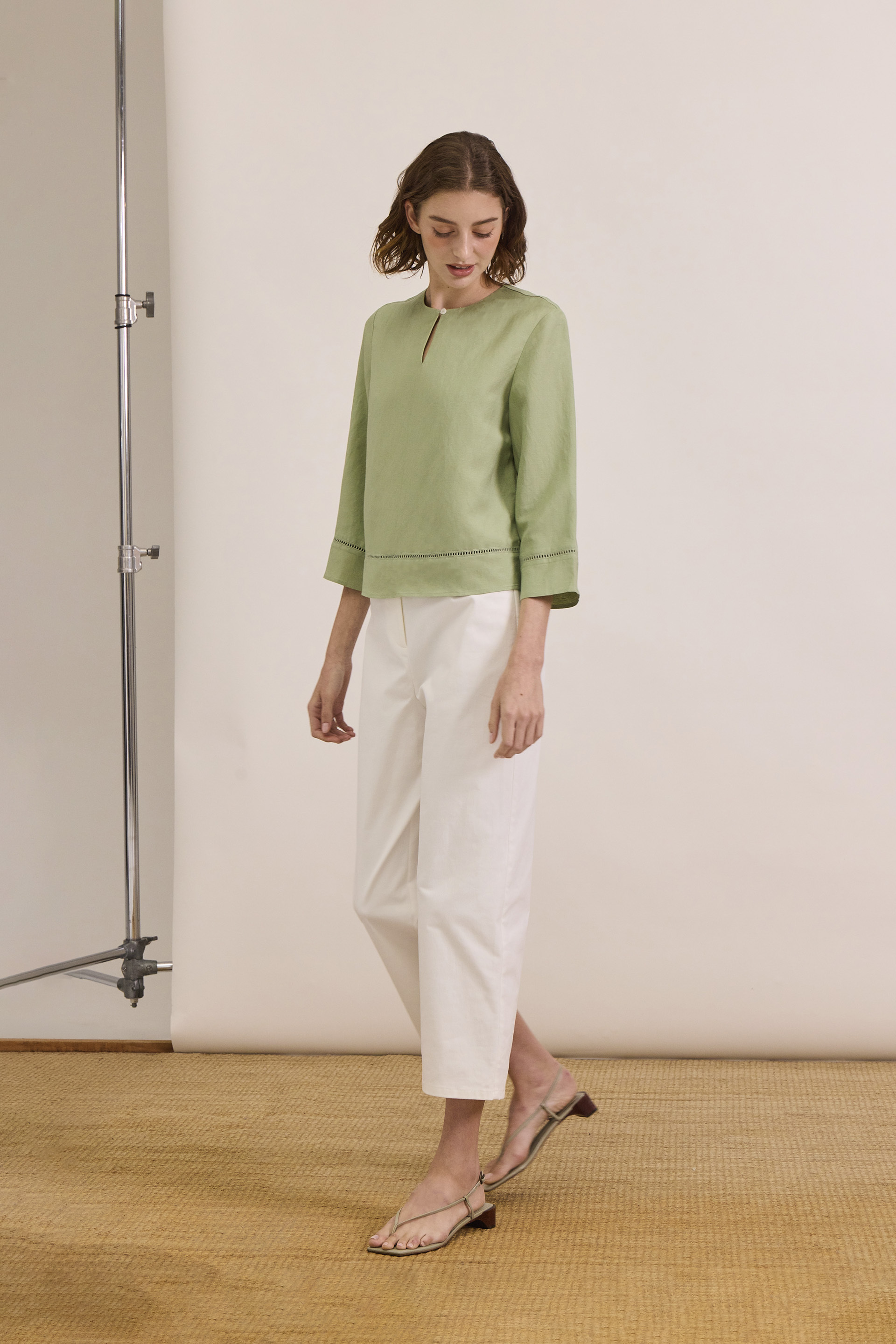 Linen-Blend Lace-Trim Top