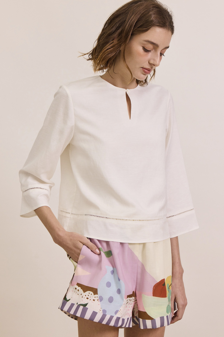 Linen-Blend Lace-Trim Top