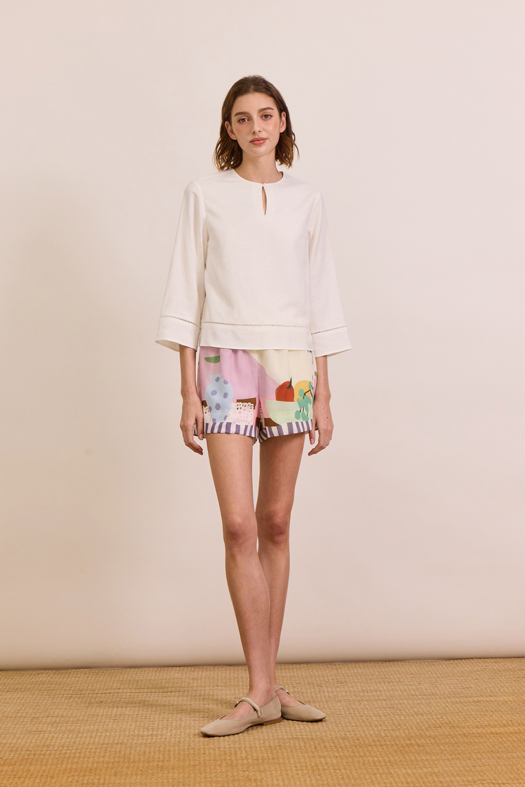 Linen-Blend Lace-Trim Top