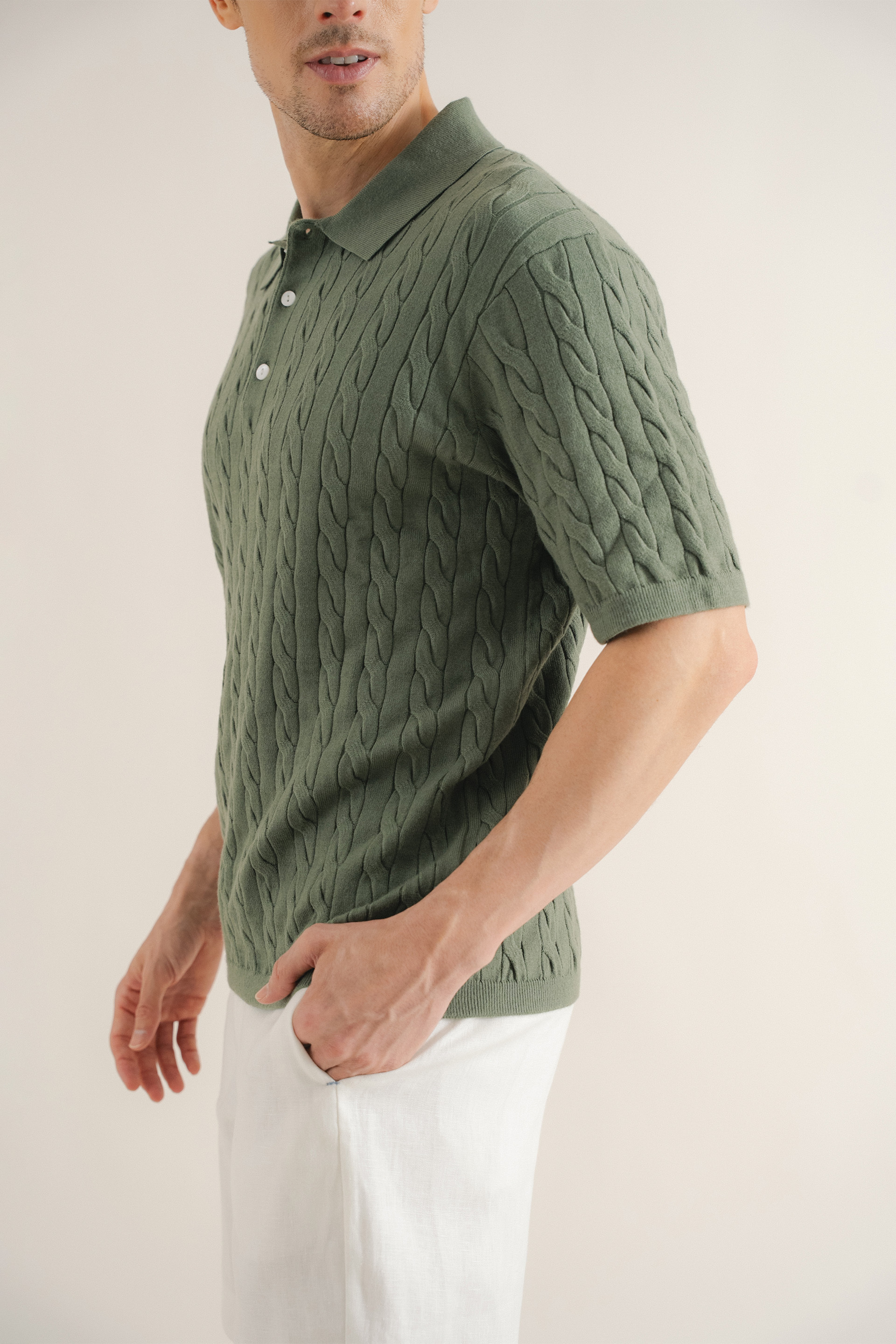 Cable Knit Button-Front Polo