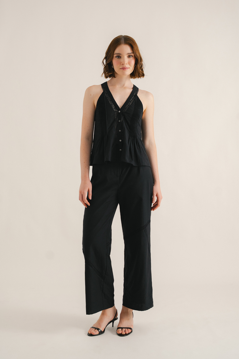 Pintuck Lace-Trim Halter Top