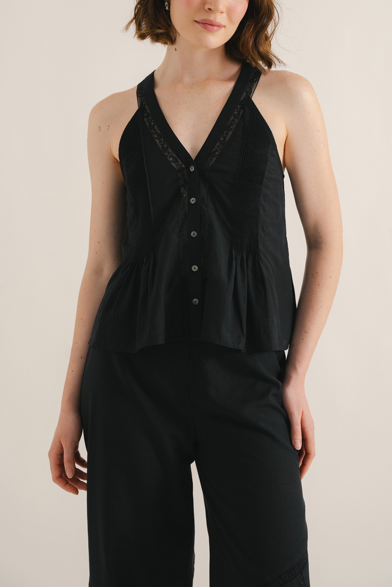 Pintuck Lace-Trim Halter Top