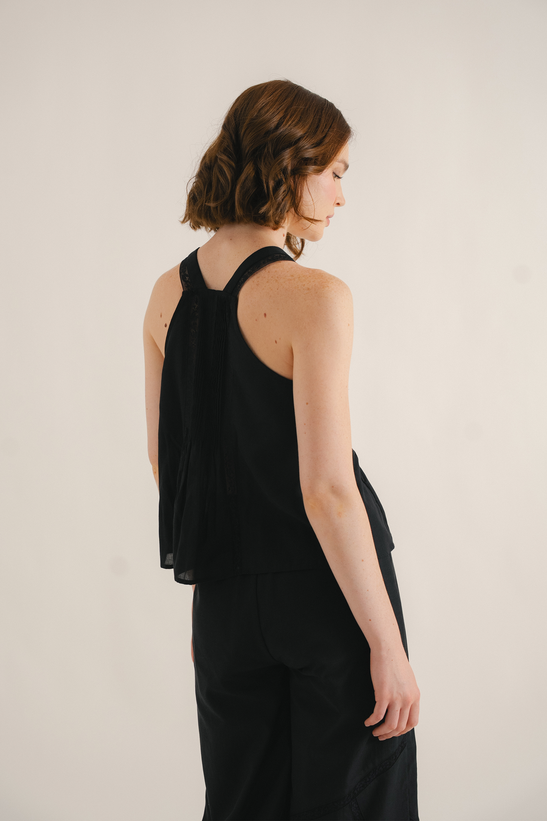 Pintuck Lace-Trim Halter Top