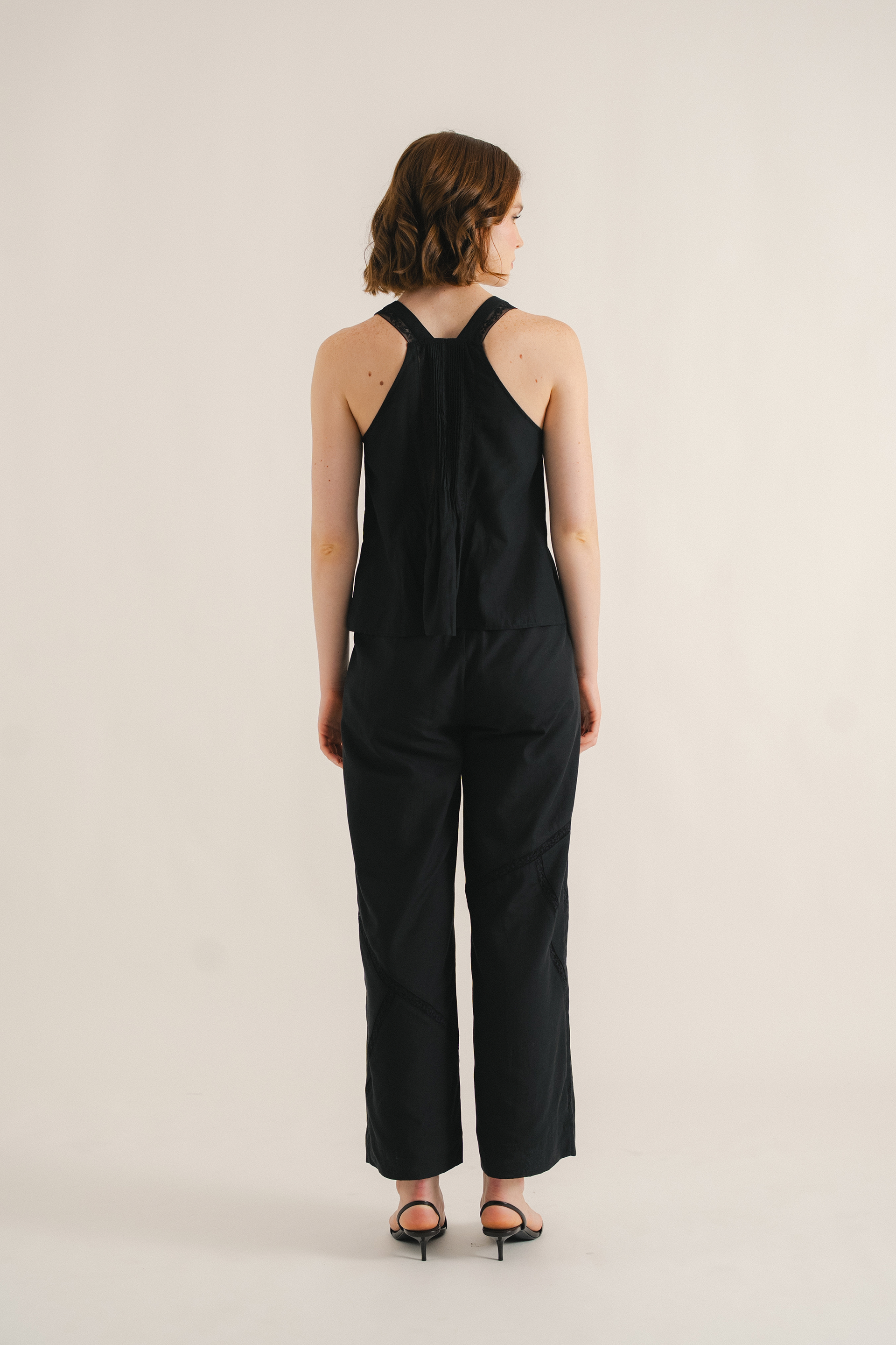 Pintuck Lace-Trim Halter Top