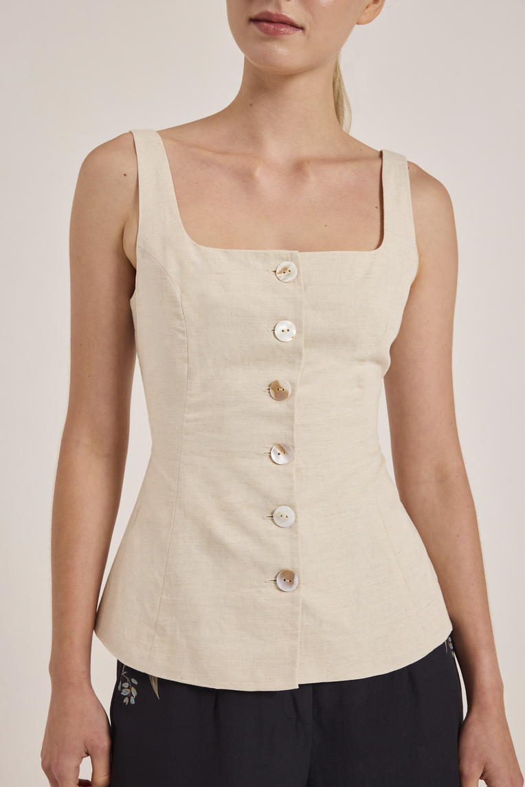 [Online Exclusive] Linen-Blend Button-Down Vest