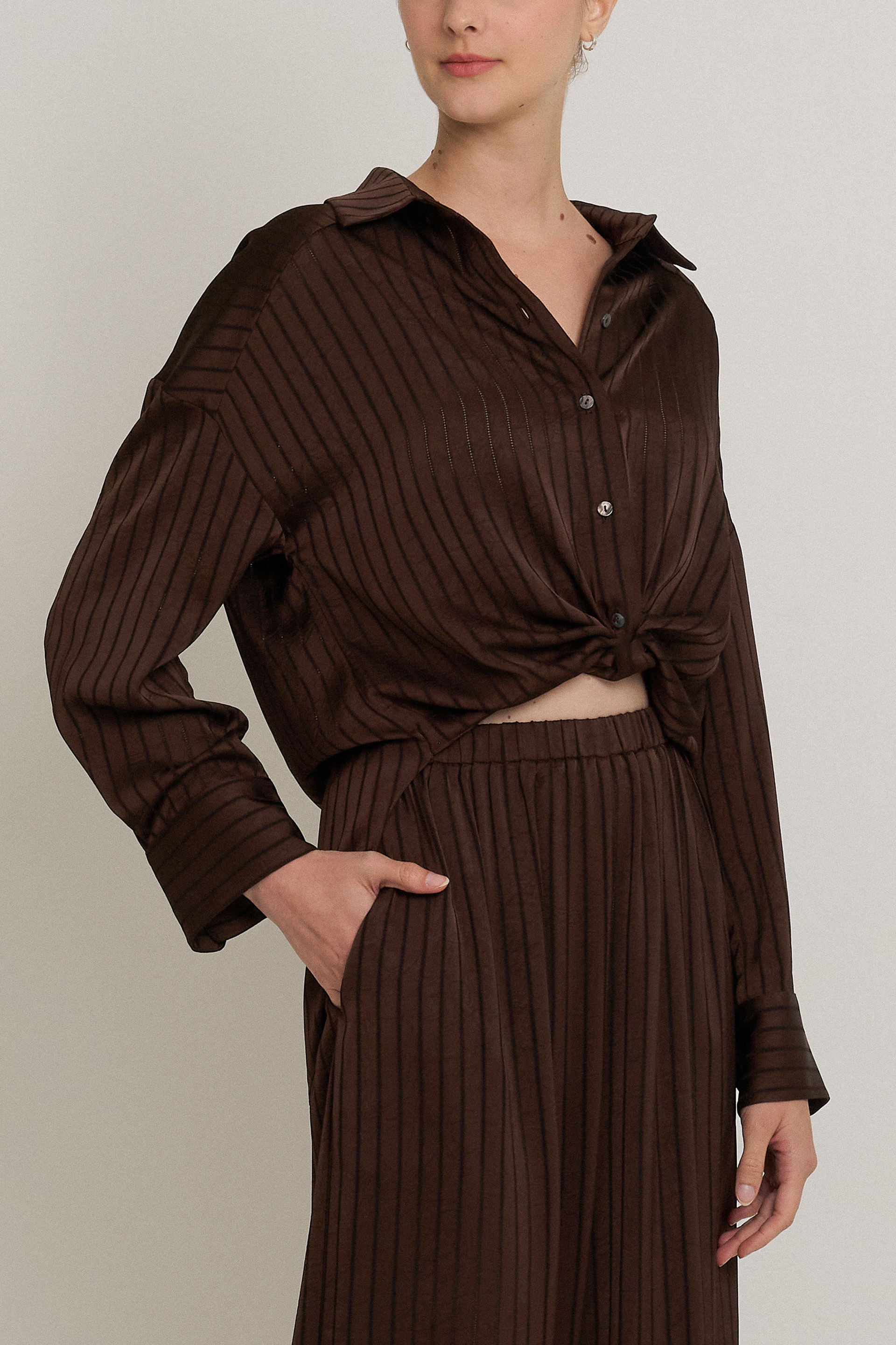 Crinkled Striped Full-Length Pants