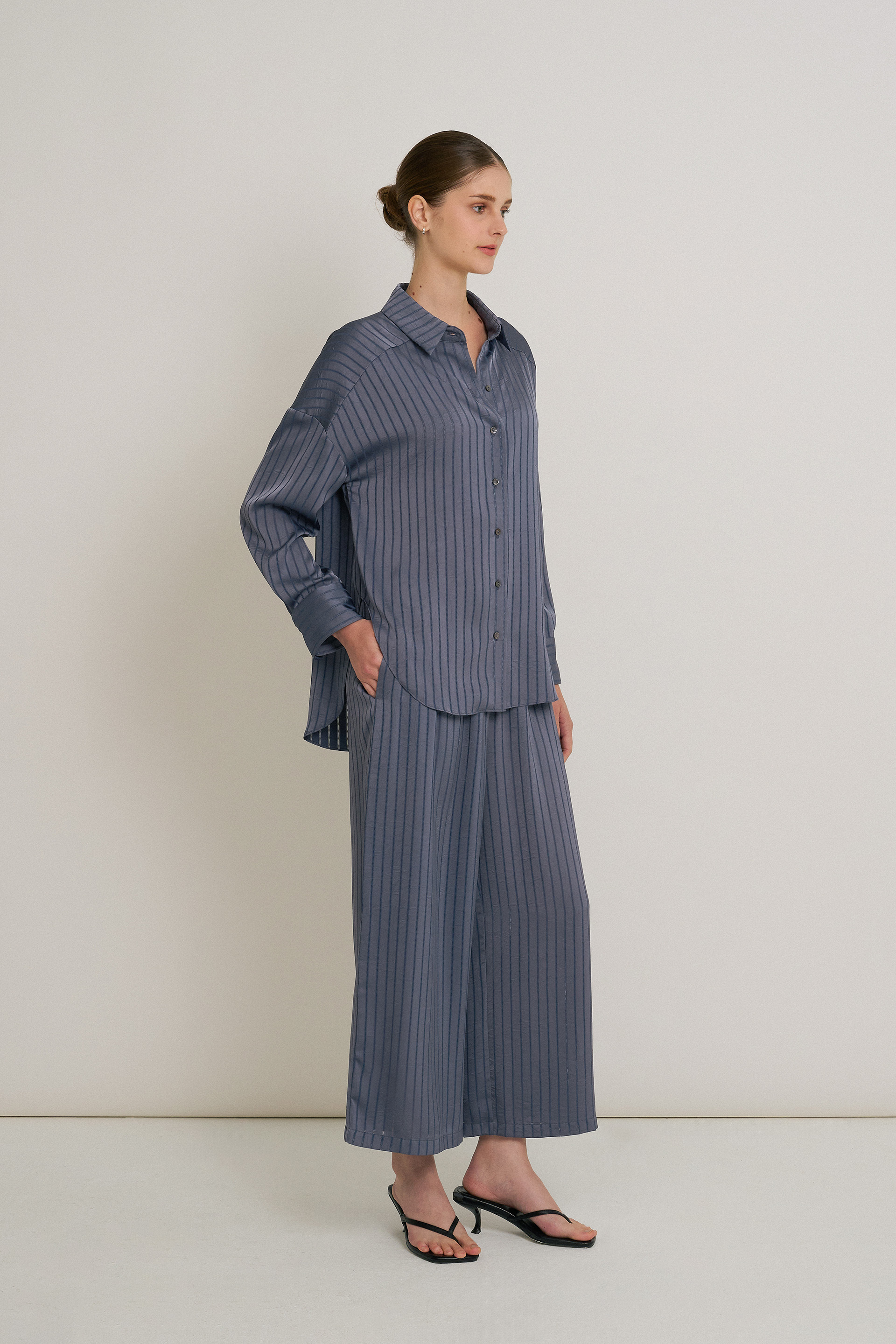 Crinkled Striped Full-Length Pants