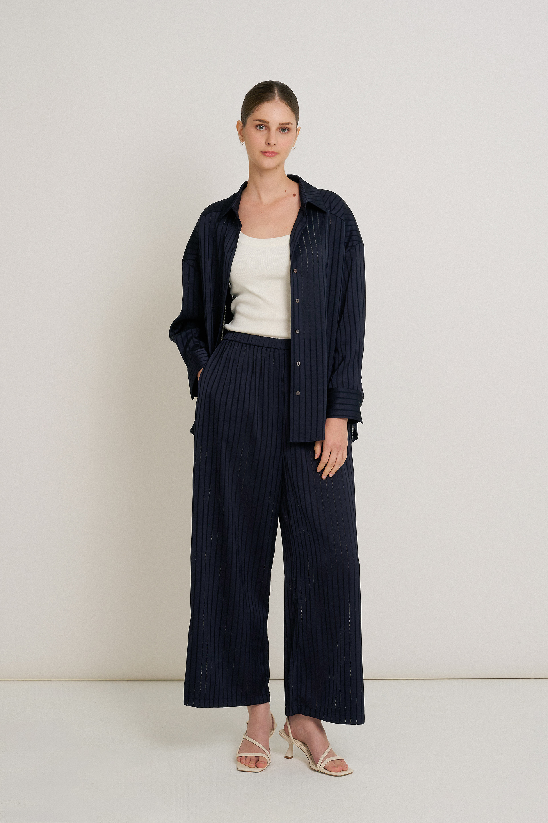 Crinkled Striped Full-Length Pants