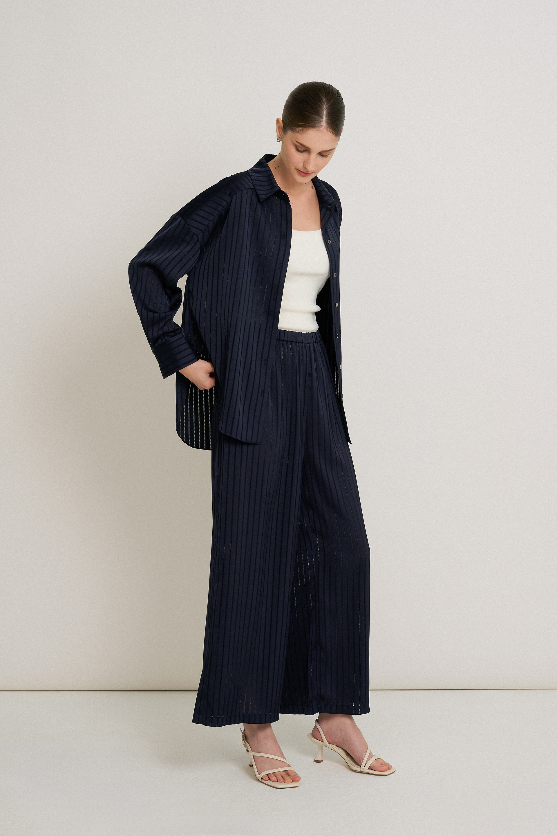 Crinkled Striped Full-Length Pants