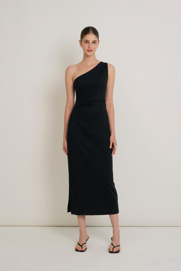 One-Shoulder Jersey Pleat Dress
