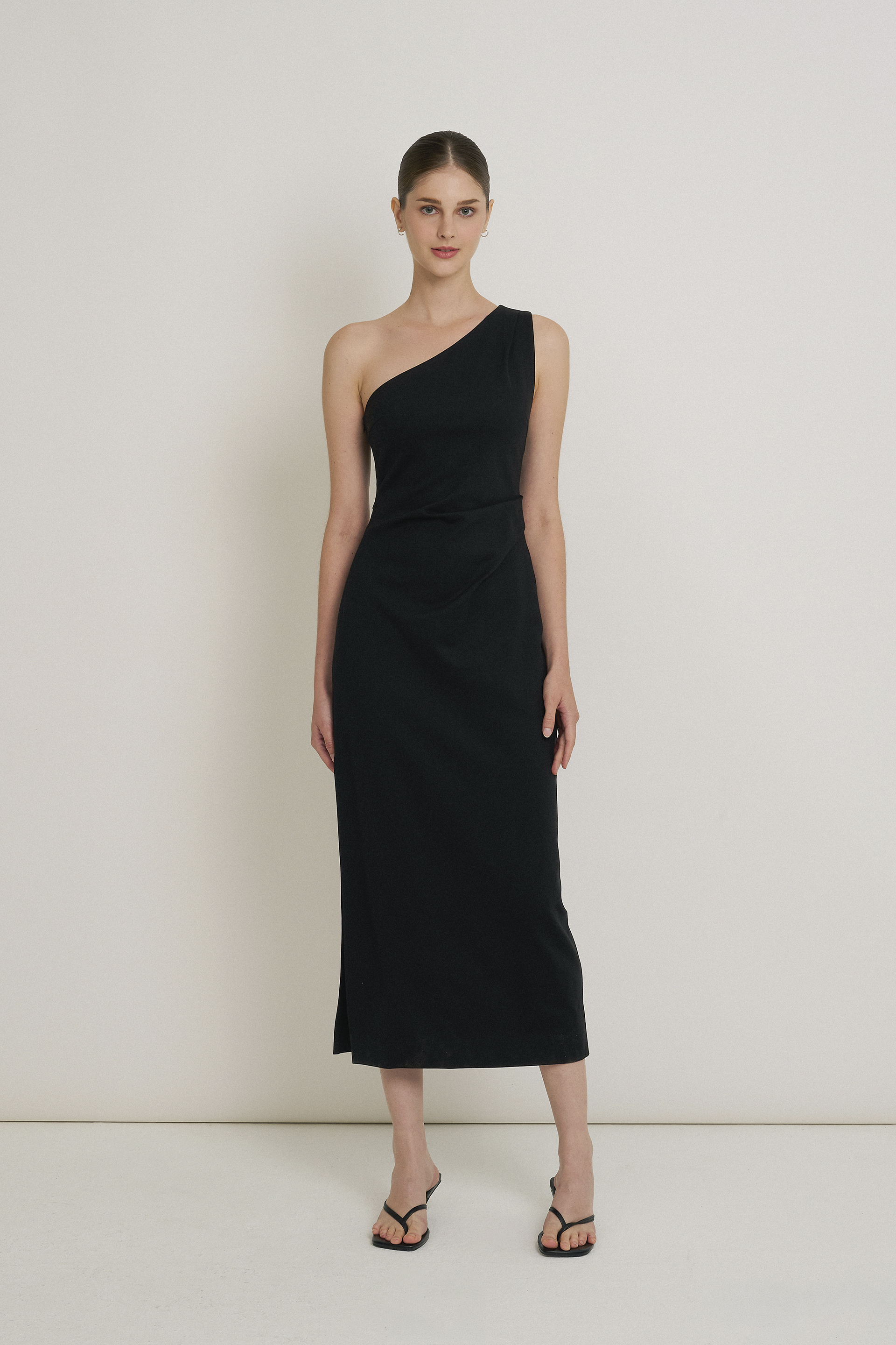 One-Shoulder Jersey Pleat Dress