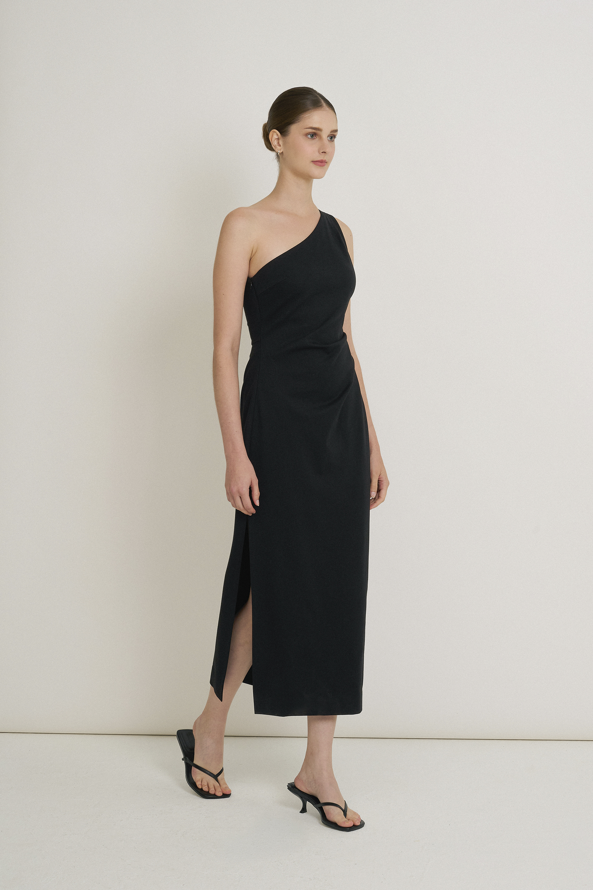 One-Shoulder Jersey Pleat Dress