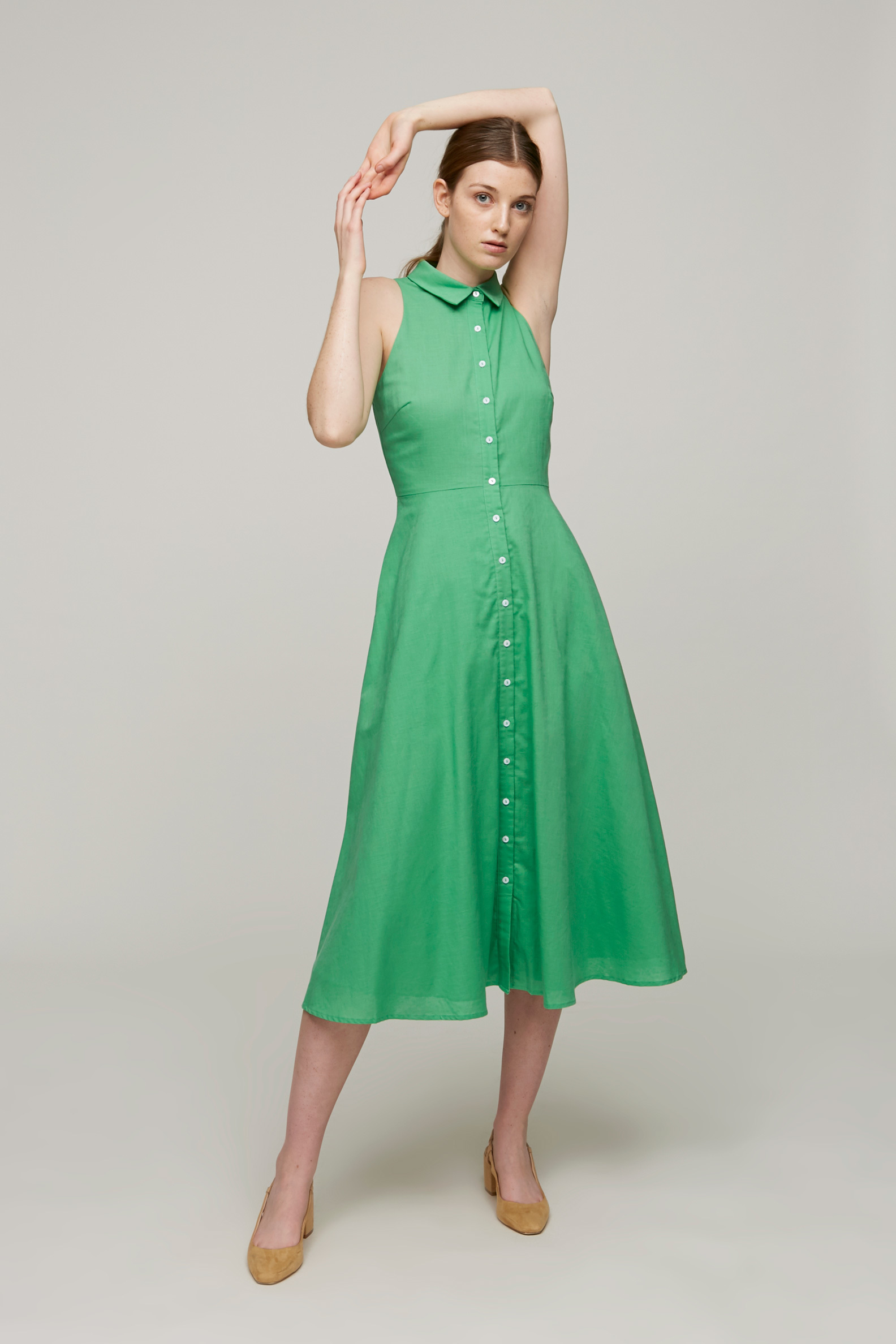 green linen shirt dress